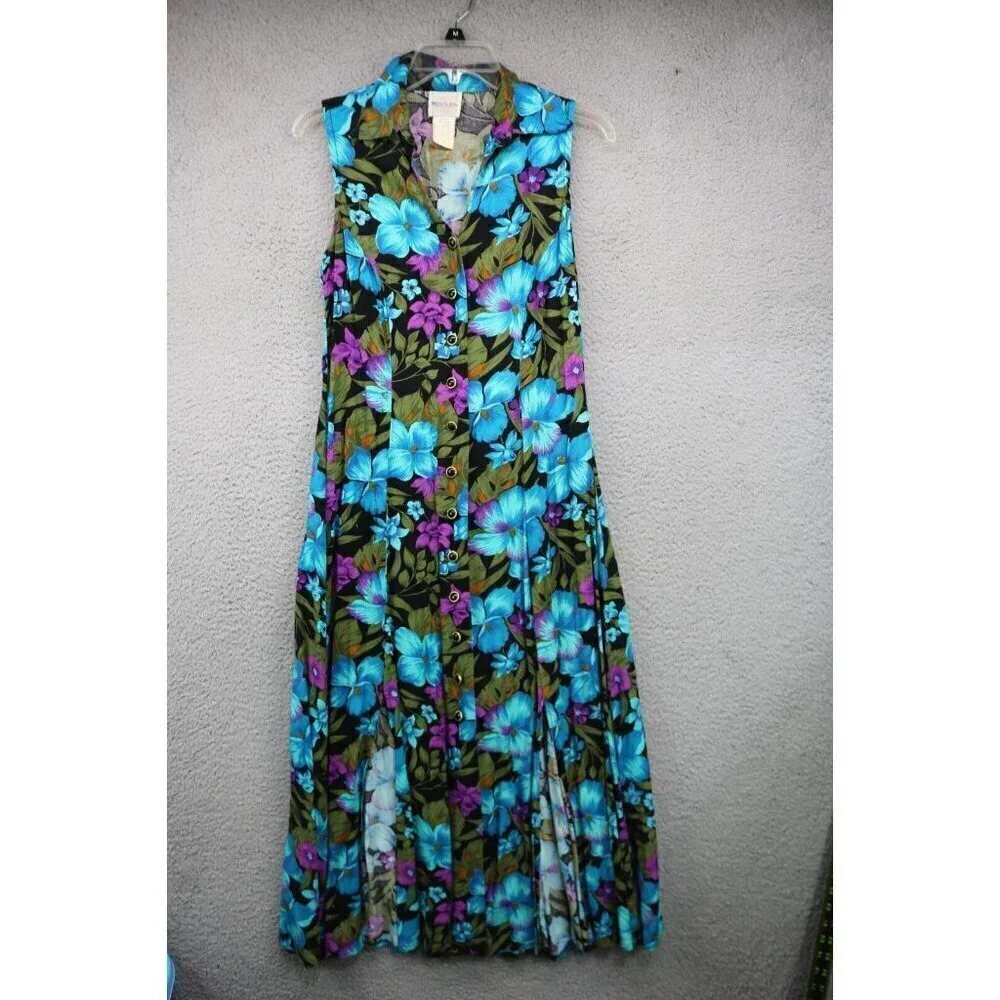 Bentley Vintage 100% Rayon‎ Button-Up Dress-Size Small-90's-Front Slits-Floral